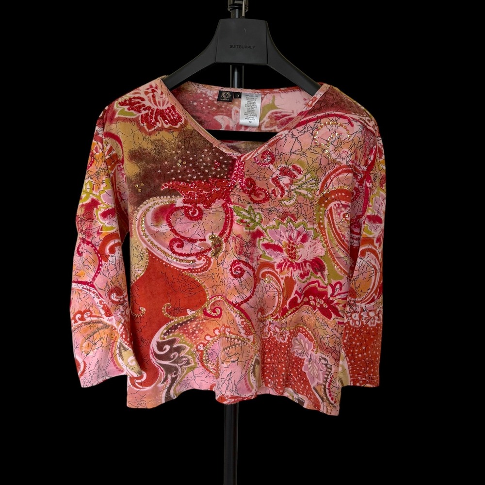 Y2K Boho Cotton Paisley Sequin V-Neck Top Pink Orange 3/4 Sleeve 1X